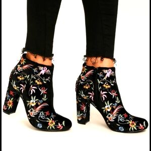 Lulu's Black Floral Embroidered Ankle Boots